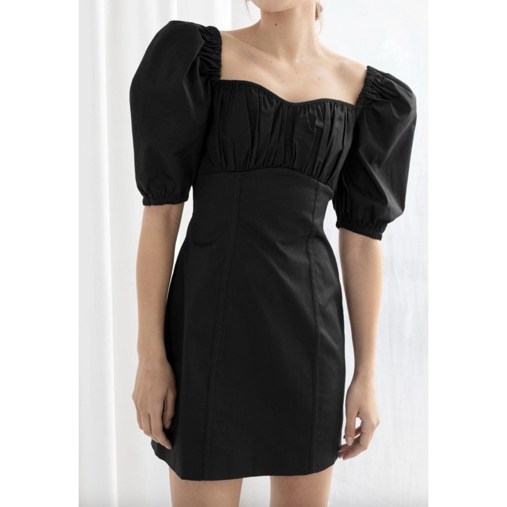 & Other Stories Black Cotton Puff Sleeve Mini Dress Milkmaid‎ Cottagecore Size 6
